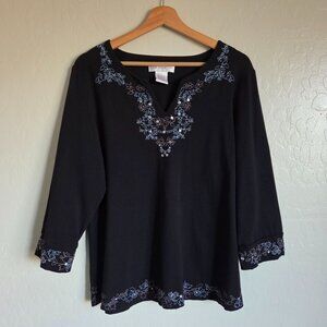 Susan Graver Split V-Neck Beaded Embroidered Sequins Top Black Sz L 3/4 Sleeves